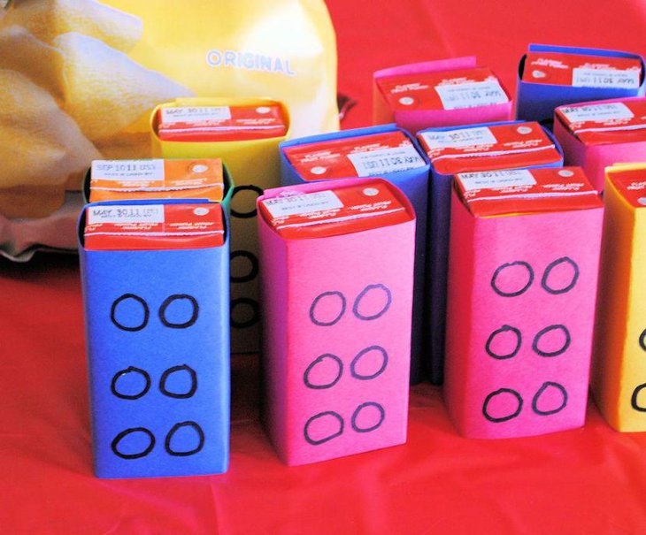 DIY Lego birthday table decorations using juice boxes