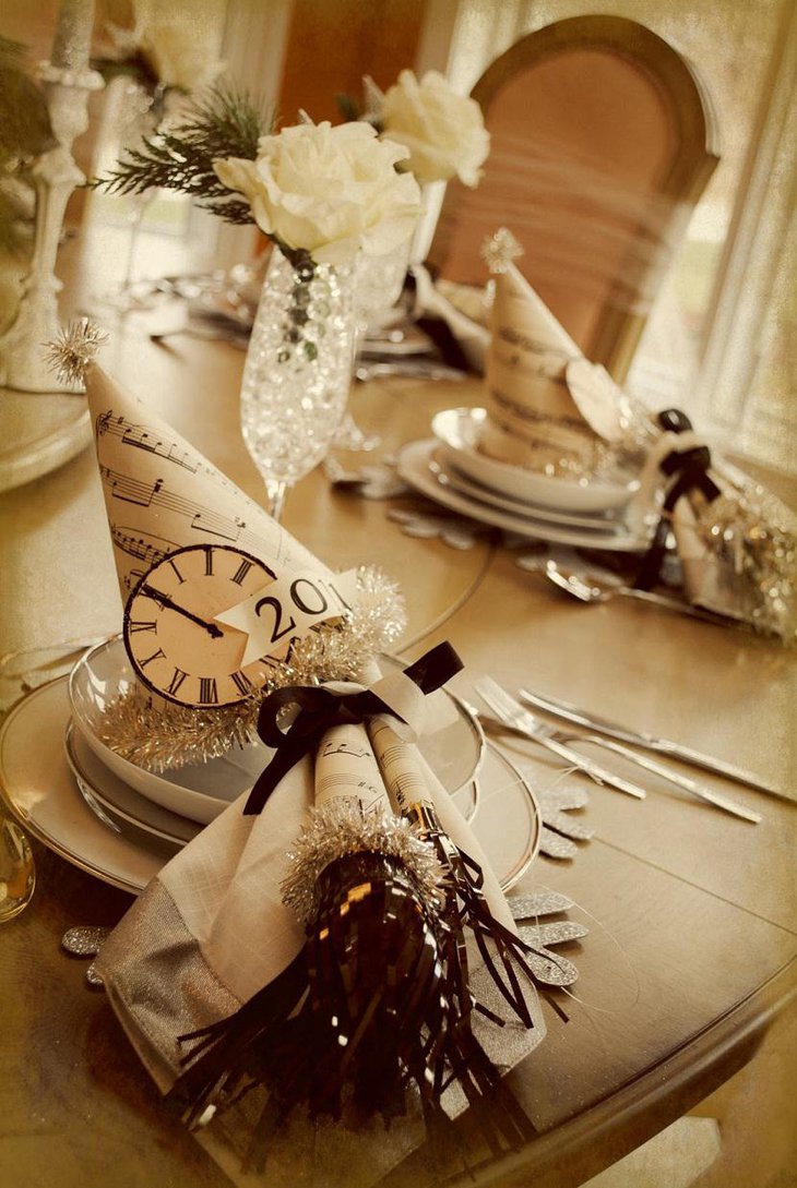 DIY New Year Table Decoration with Clock Hats and White Flowers