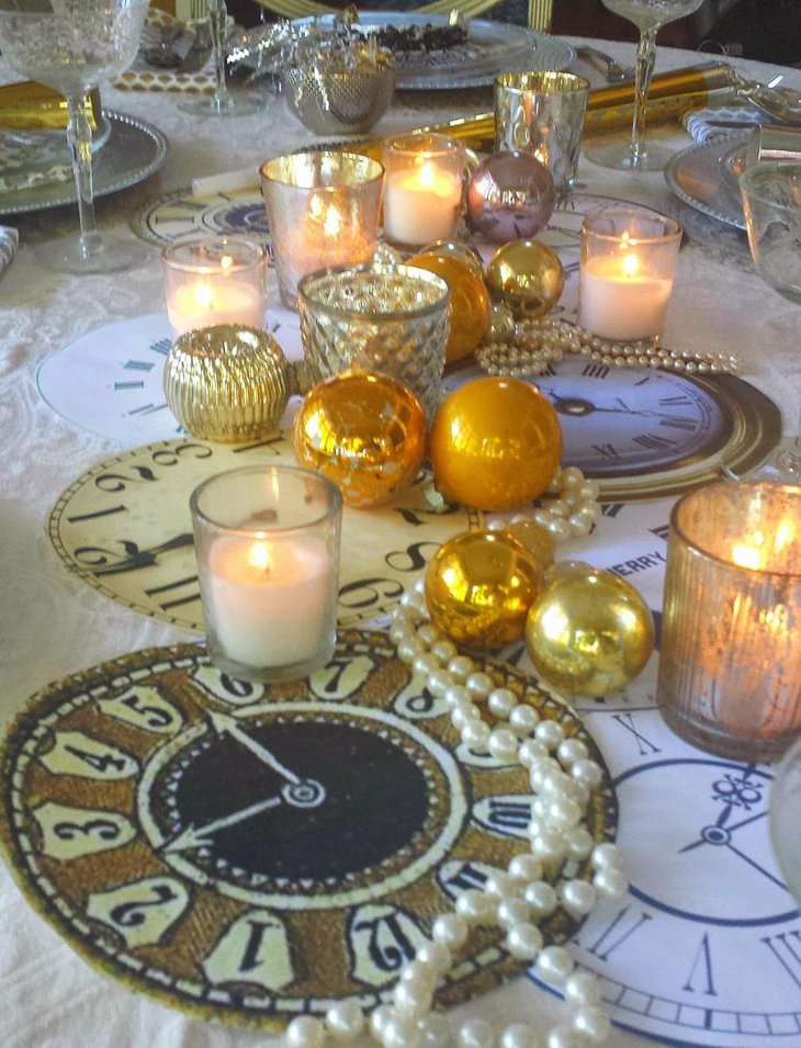 DIY New Year Table Decoration with Clocks Pearls and Candles