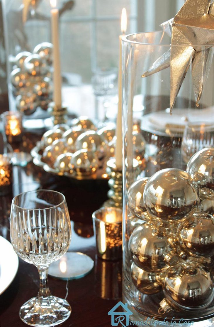 DIY New Year Table Decoration with Silver Balls and Candles