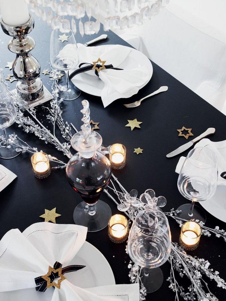 DIY New Year Table Decoration with White Candles and Black Setting