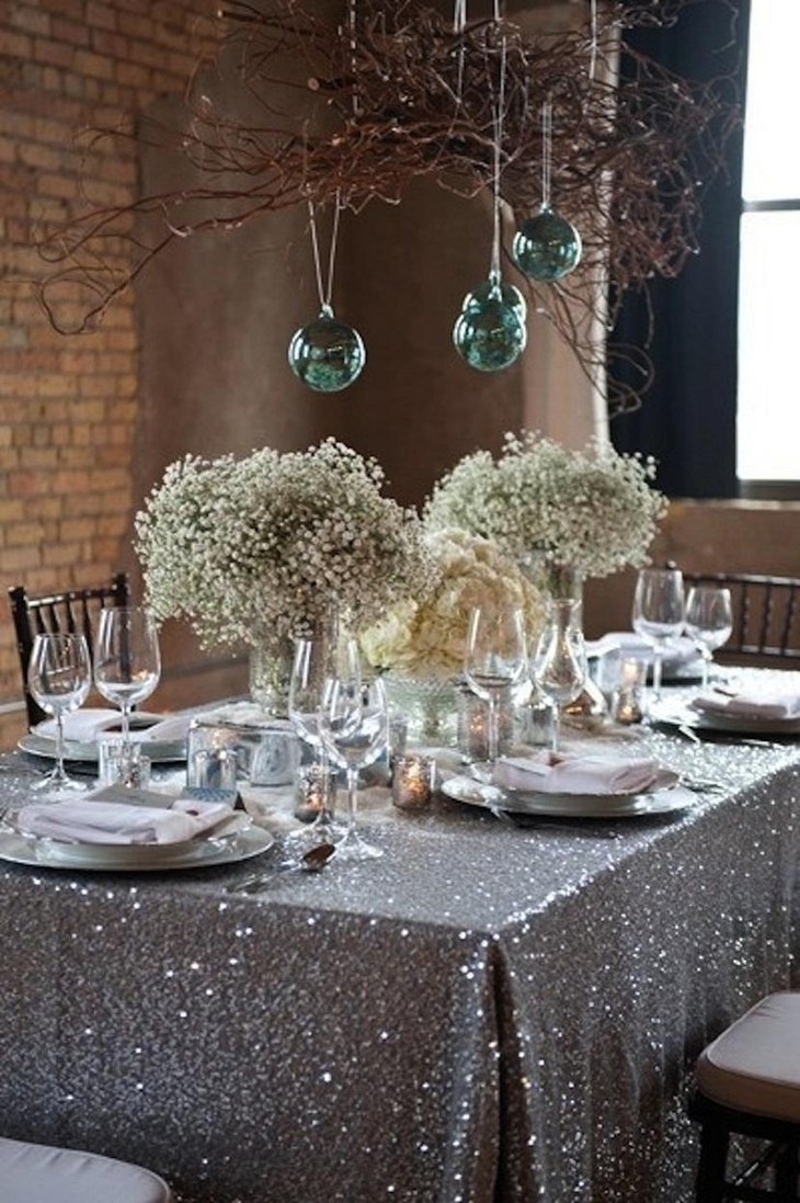 DIY New Year Table Decoration with White Flowers and Hanging Balls