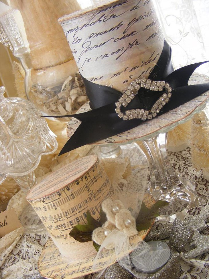 DIY New Year Table Decoration with White Hats and Crystals