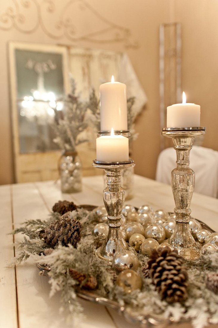 DIY New Year Table Decoration with White Pearls and Candles