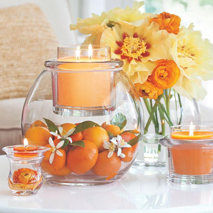 DIY orange and candle spring table centerpiece