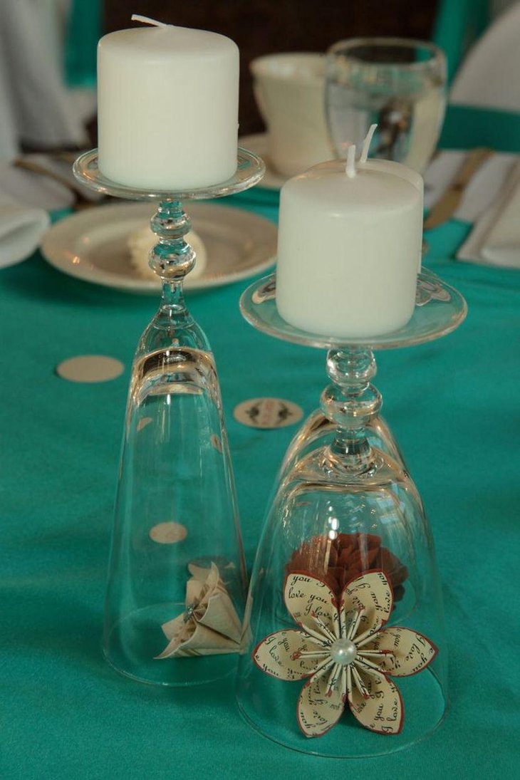 DIY Upside Down Wine Glasses Wedding Table Centerpieces With Candles and Flowers