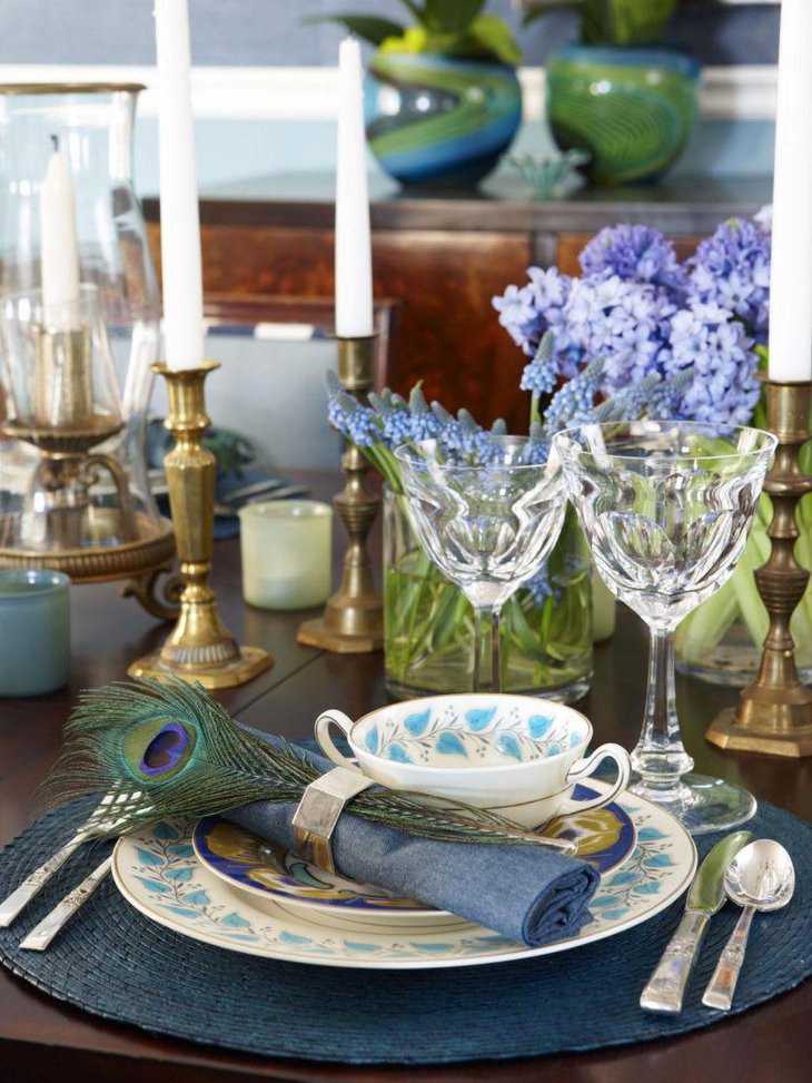 Dramatic Thanksgiving table decoration with Brass candlesticks and vintage China