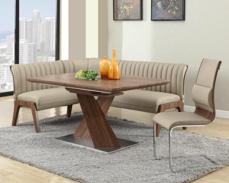 Earthy shade high back sofa and chair with wooden table for a formal looking breakfast nook