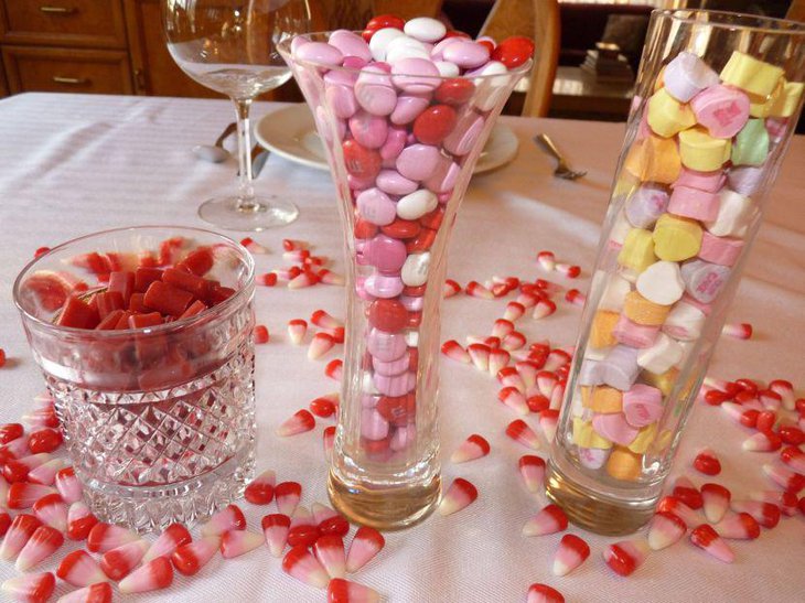 Easy Valentines table decor with candy in vases