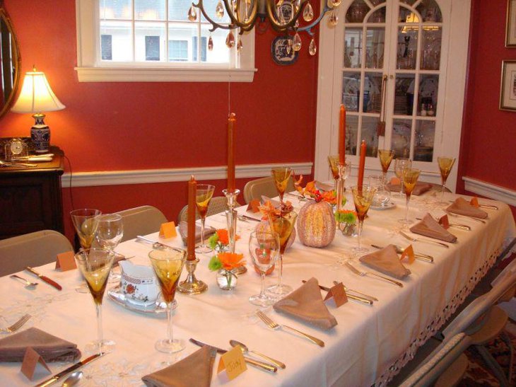 Elegant white table setup for Thanksgiving