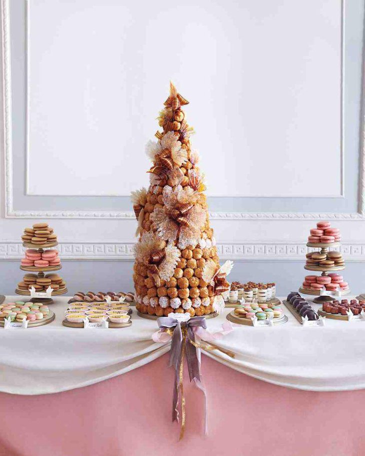 European dessert buffet ideas with French croquembouche and macarons