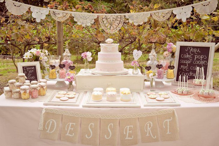 European dessert table decor in white and pastels