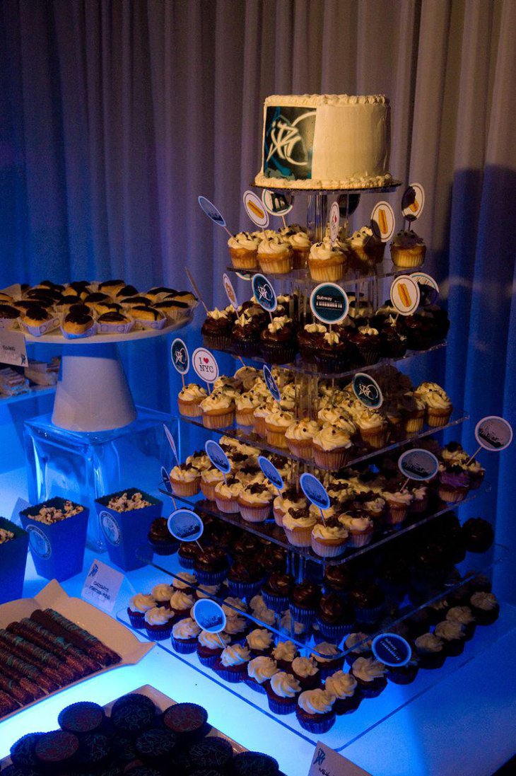 European dessert table filled with stuffed cupcakes on tiers