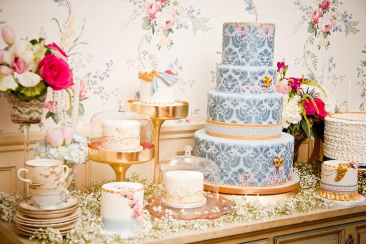 European dessert table with Damask and floral accents