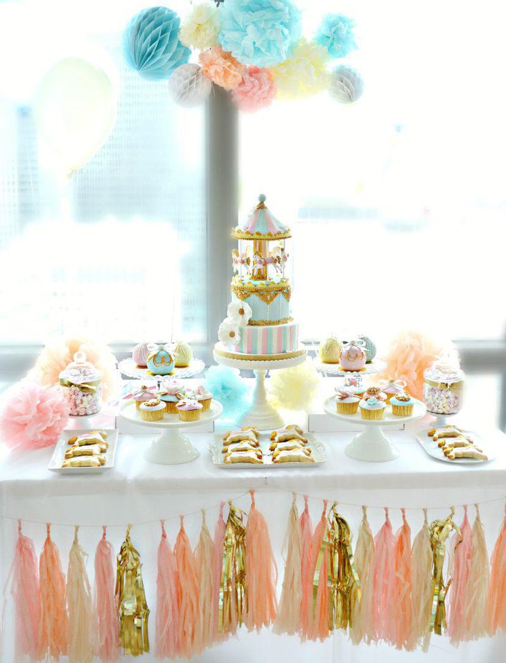 European golden accented carousel cake table decor