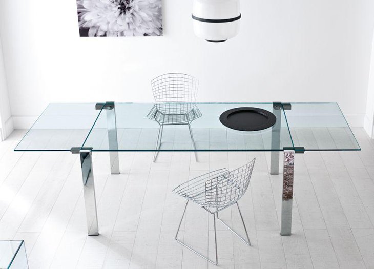 Expanding Glass Top Dining Table With Stainless Steel Legs