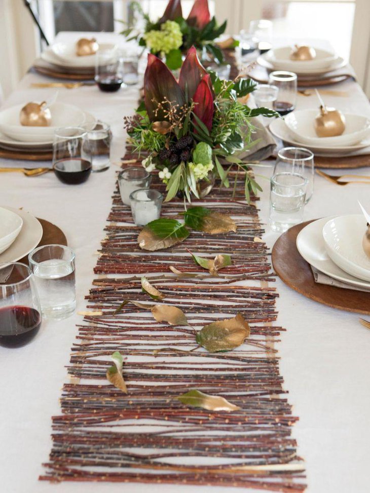 Fall themed twig design Thanksgiving table runner