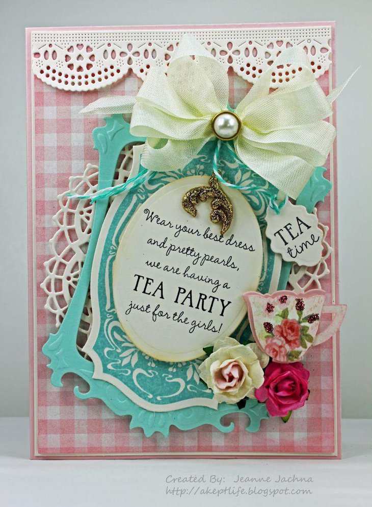 Fancy tea party invitation with pearls and flowers