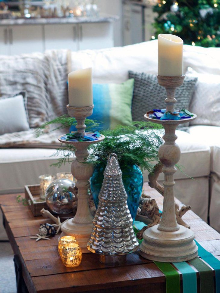 Festive coffee table decor with candlesticks