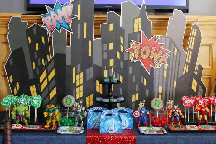 First birthday candy table decor with Avengers theme