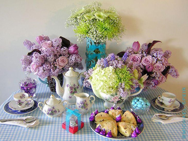 Floral antique teapot centerpieces on Bridesmaids tea party table