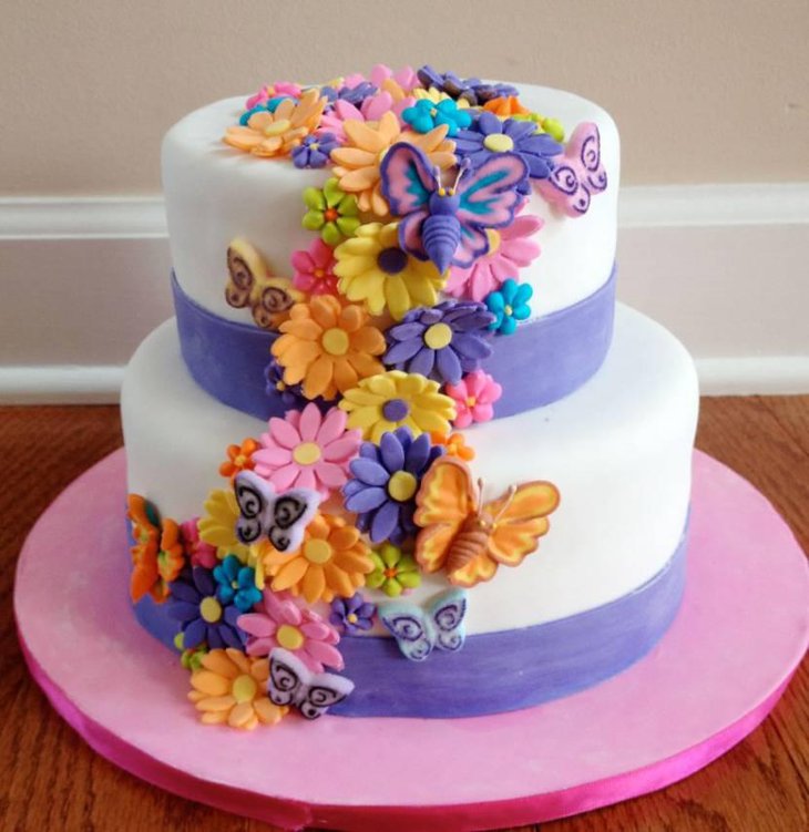 Floral Cake Design Decorated With Butterflies