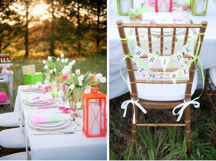 Garden party tablescape with flowers and lantern