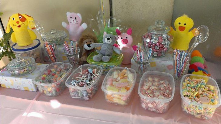 Girl baby shower candy table decorations with cute animals