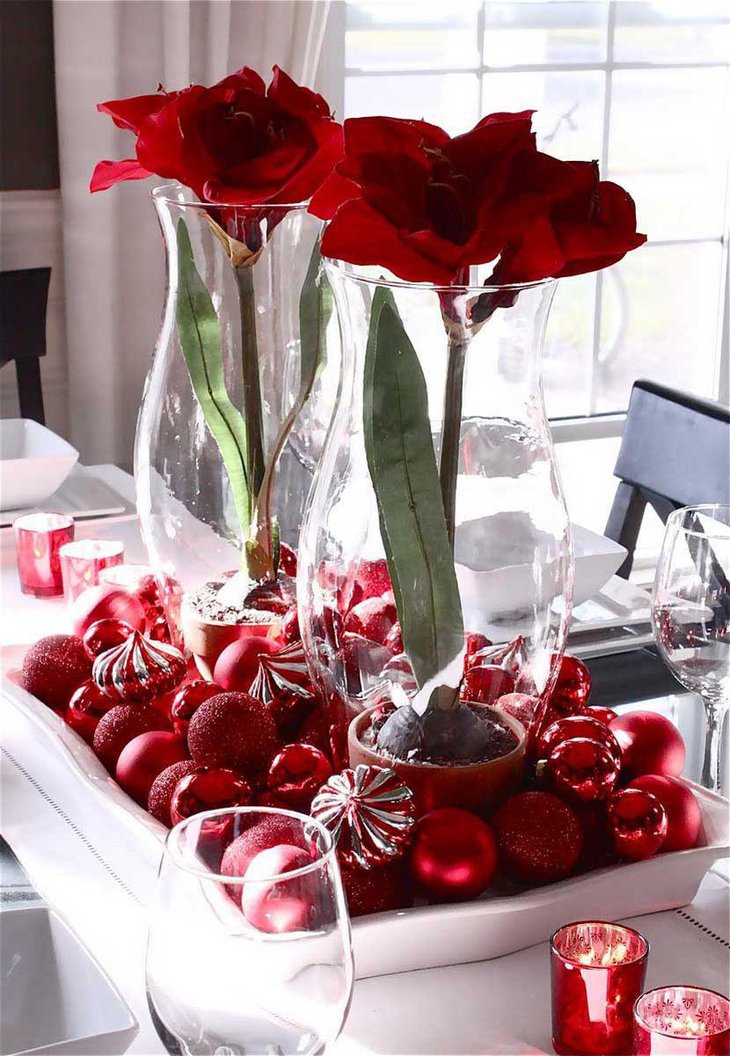 Glass Jar and White Tray Christmas Table Centerpiece Filled With Faux Flower and Red Ornaments