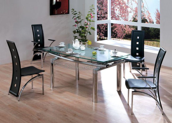 Glass Top Expandable Dining Table With Metal Bars Frame Design