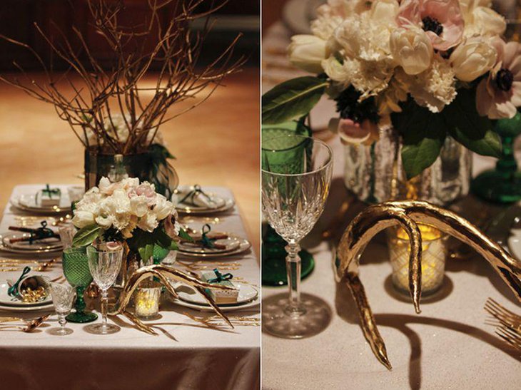 Golden antlar and floral arrangement for winter wedding table