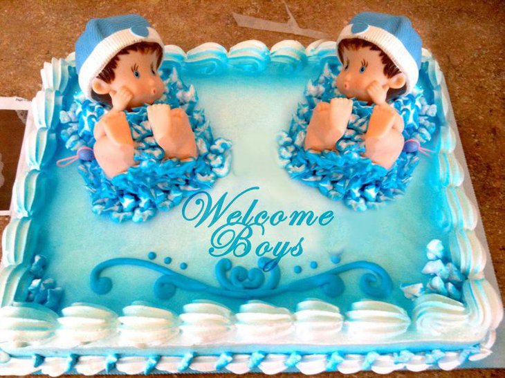 Gorgeous baby shower blue cake for twin boys