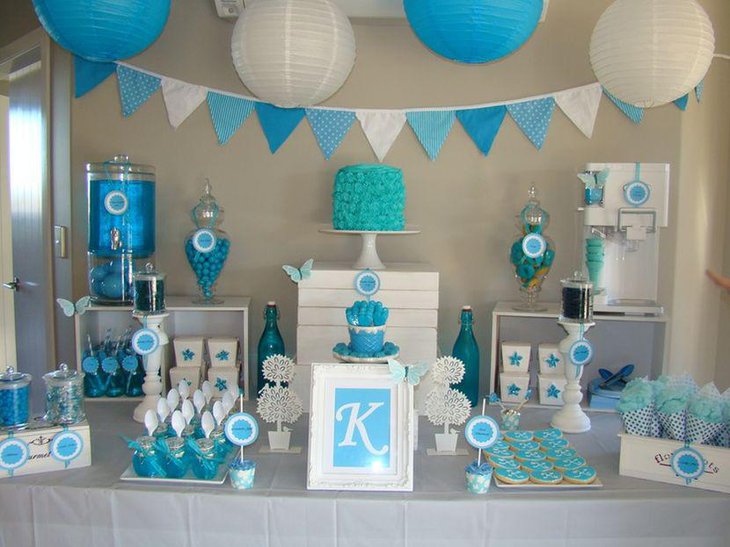 Gorgeous blue birthday candy table decor