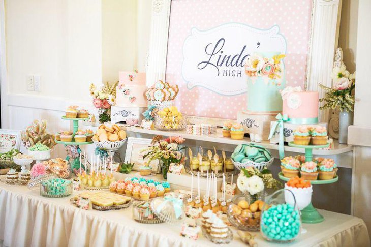 Gorgeous bridal shower dessert table decor with cakes