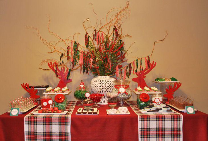Gorgeous Christmas party dessert table decor with plaid runners red and green candies