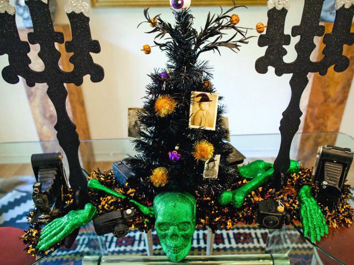 Gorgeous Halloween tree centerpiece with green skull and bones