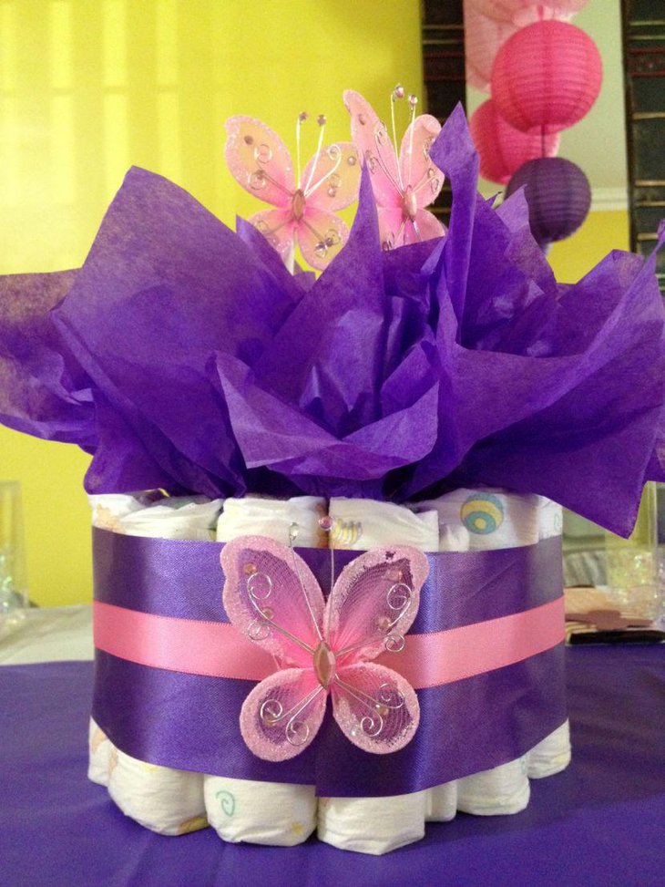 Gorgeous purple accented diaper butterfly baby shower centerpiece