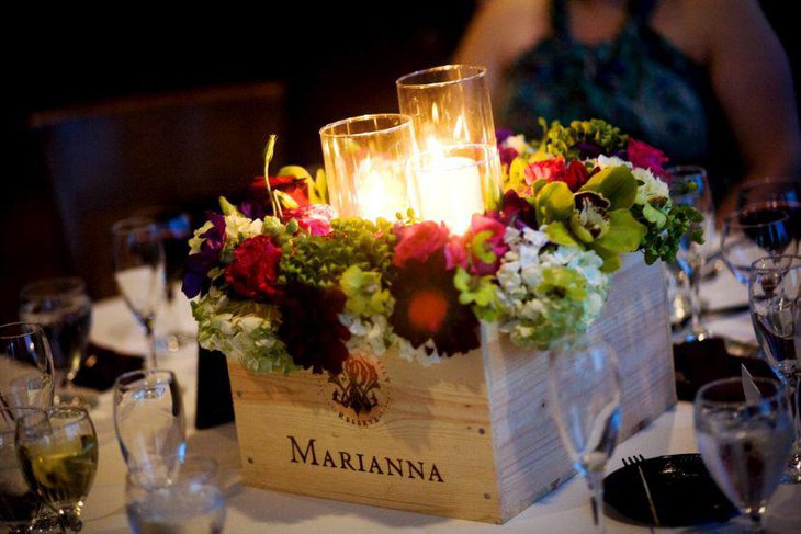 Gorgeous Rustic Wedding Table Setting With Wine Box Flowers and Candle glasses