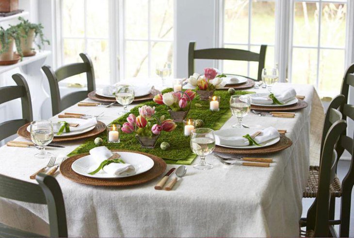 Gorgeous spring table setting with moss and flowers