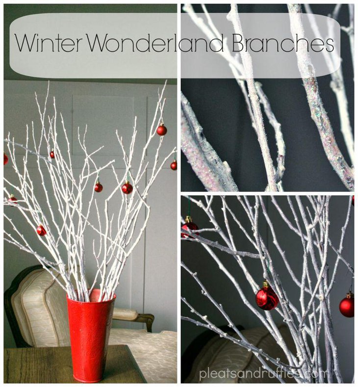 Gorgeous winter wonderland branches in a red vase
