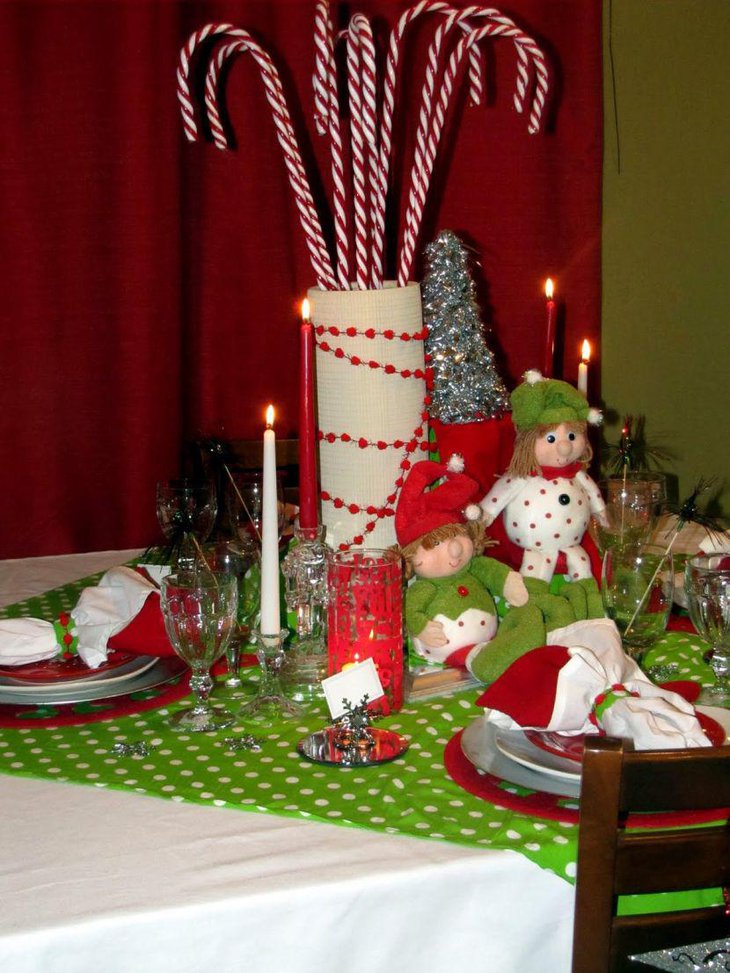 Green polka dotted table cover looks cheerful and very festive