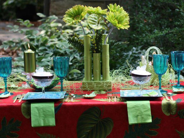 Green tropical themed garden party table decor