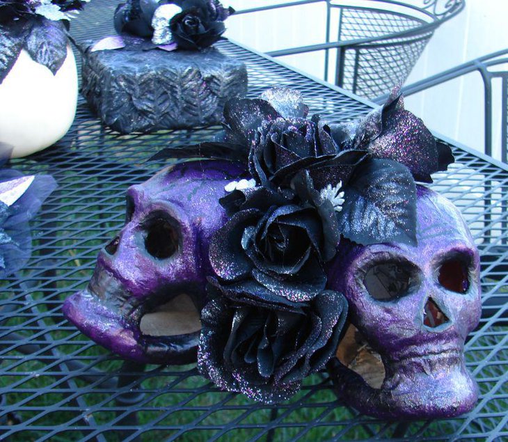 Halloween tabletop decor with Gothic styled skulls and roses