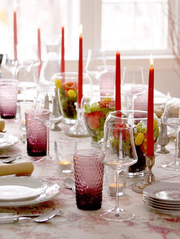 Inspirational party table setting with fresh bloom terrariums and amethyst bubble tumblers
