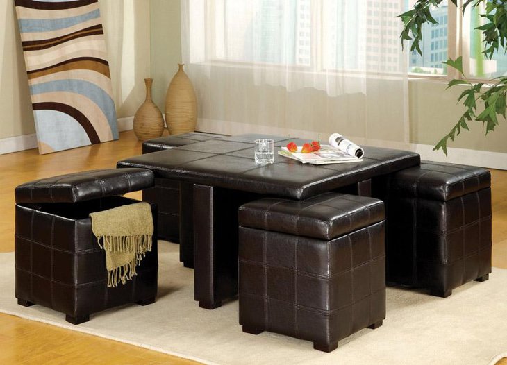 Leather Coffee Table Ottoman with Storage