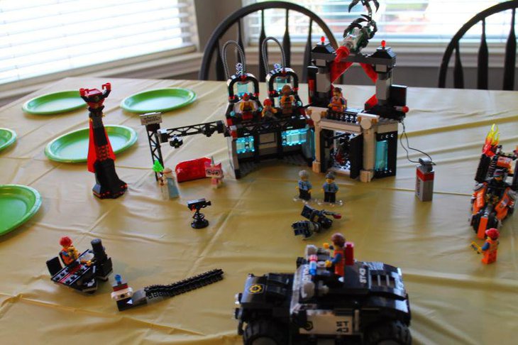 Lego toys and machines as birthday table centerpieces