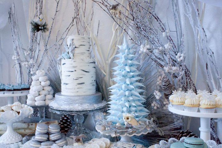 Light blue and white accented winter wonderland dessert table