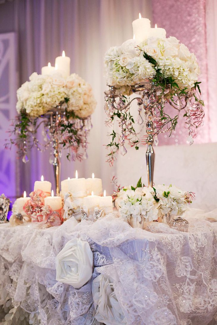 Luxurious White Flower and Candle Wedding Centerpiece