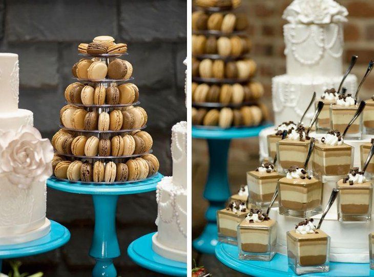 Macaron and cake display on European styled dessert table