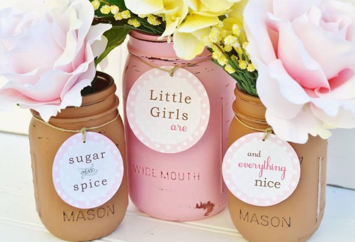 Mason Jar Centerpieces For Baby Shower With Flowers and Cards